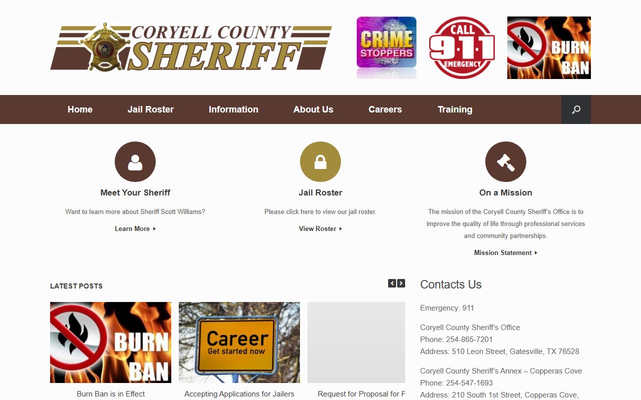 Coryell County Sheriff's Office website for warrant records