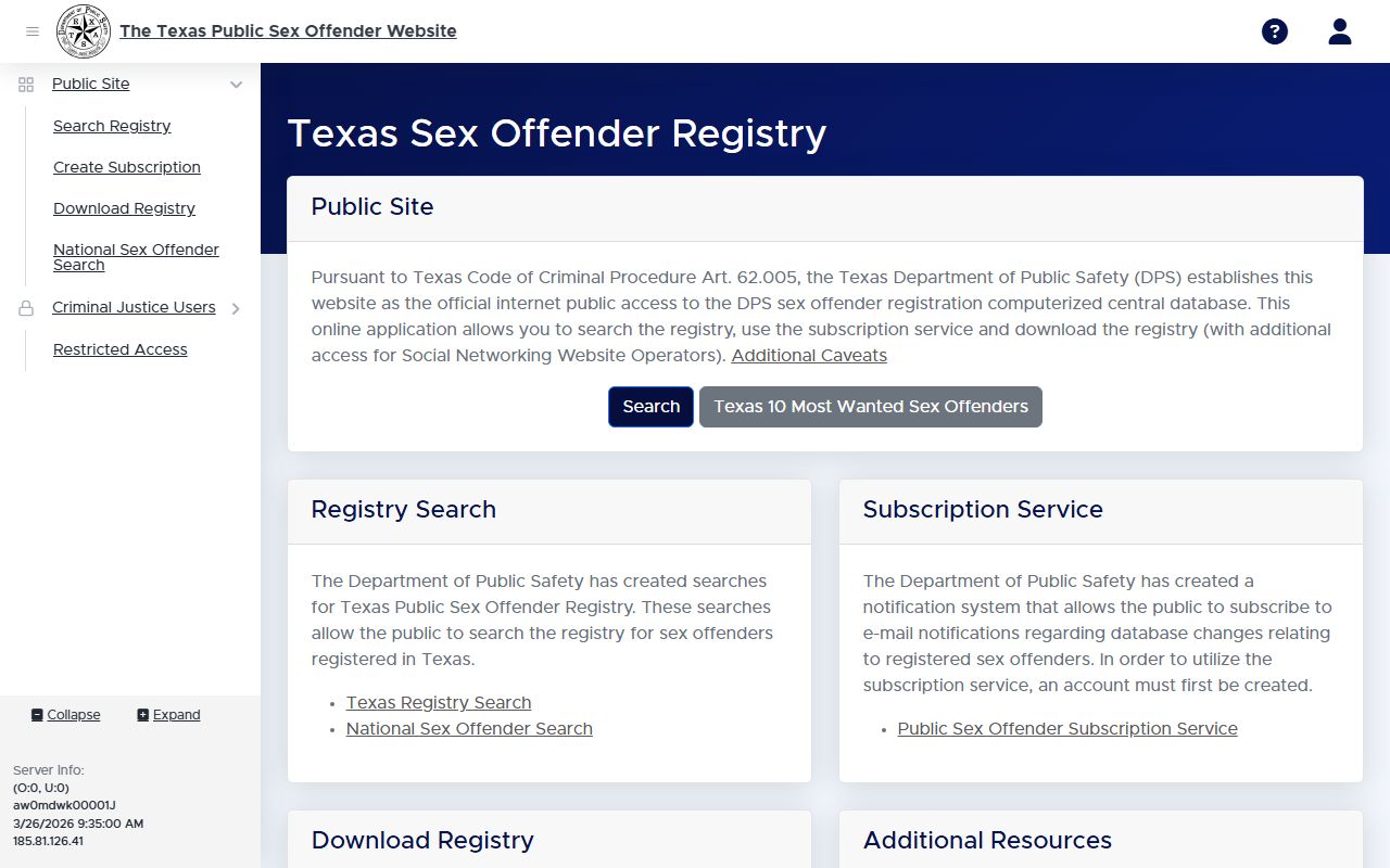 Texas sex offender registry search page